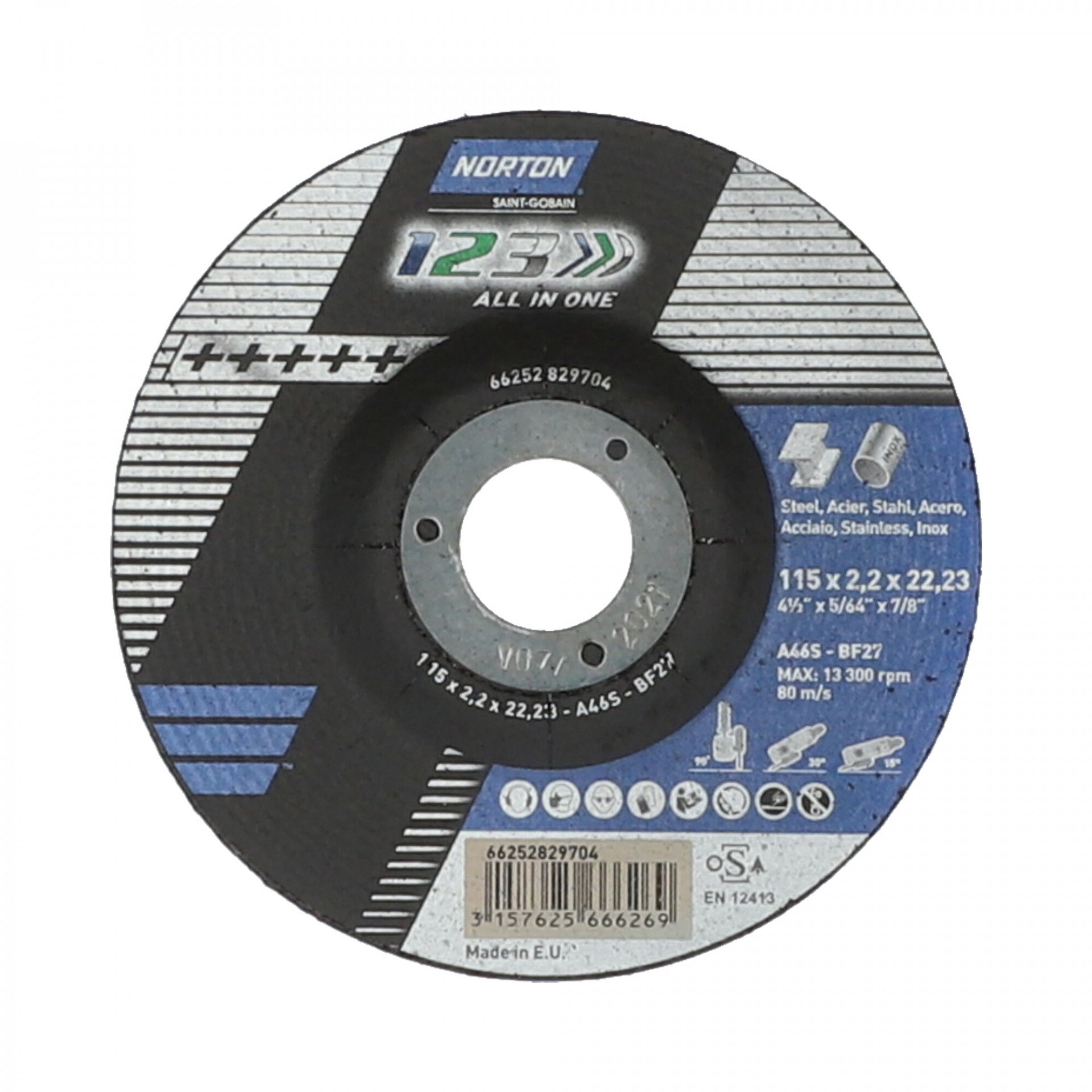 Norton 1-2-3 vágó, tisztító, csiszolókorong 115x2,2x22,23mm A46S, 25 db/csomag termék fő termékképe