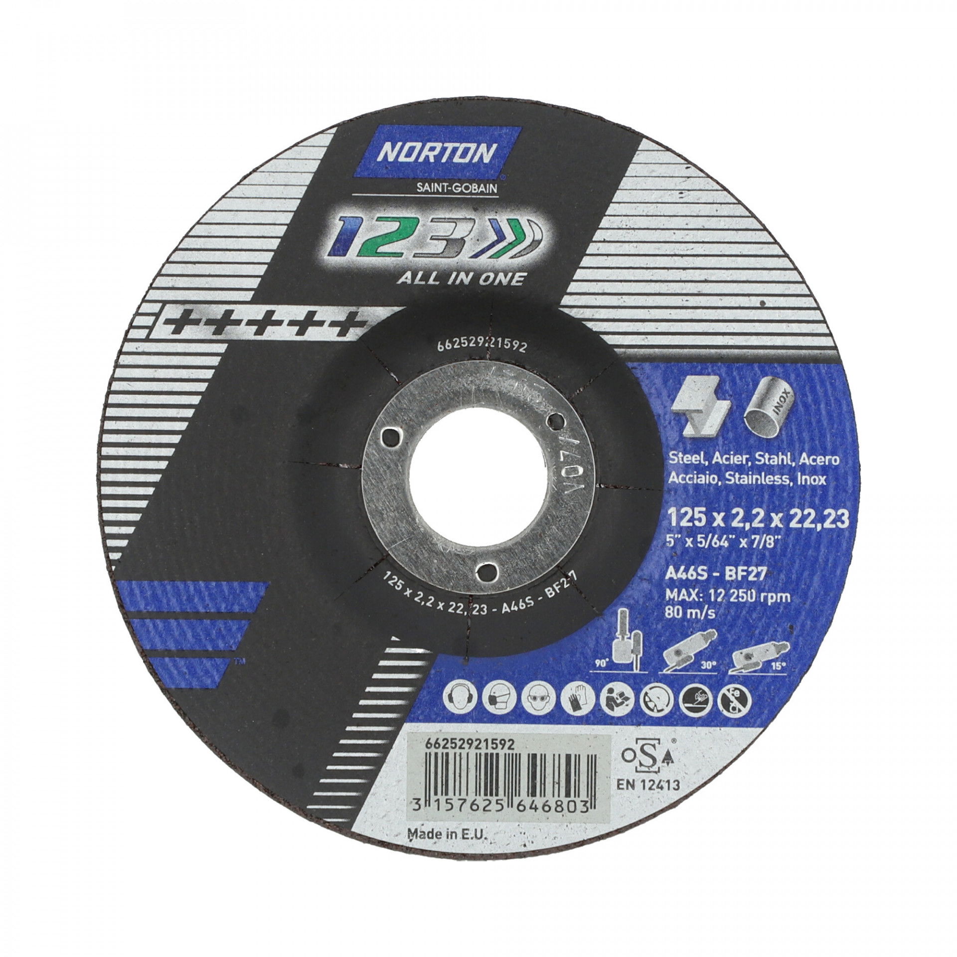 Norton 1-2-3 vágó, tisztító, csiszolókorong 125x2,2x22,23mm A46S, 25 db/csomag termék fő termékképe