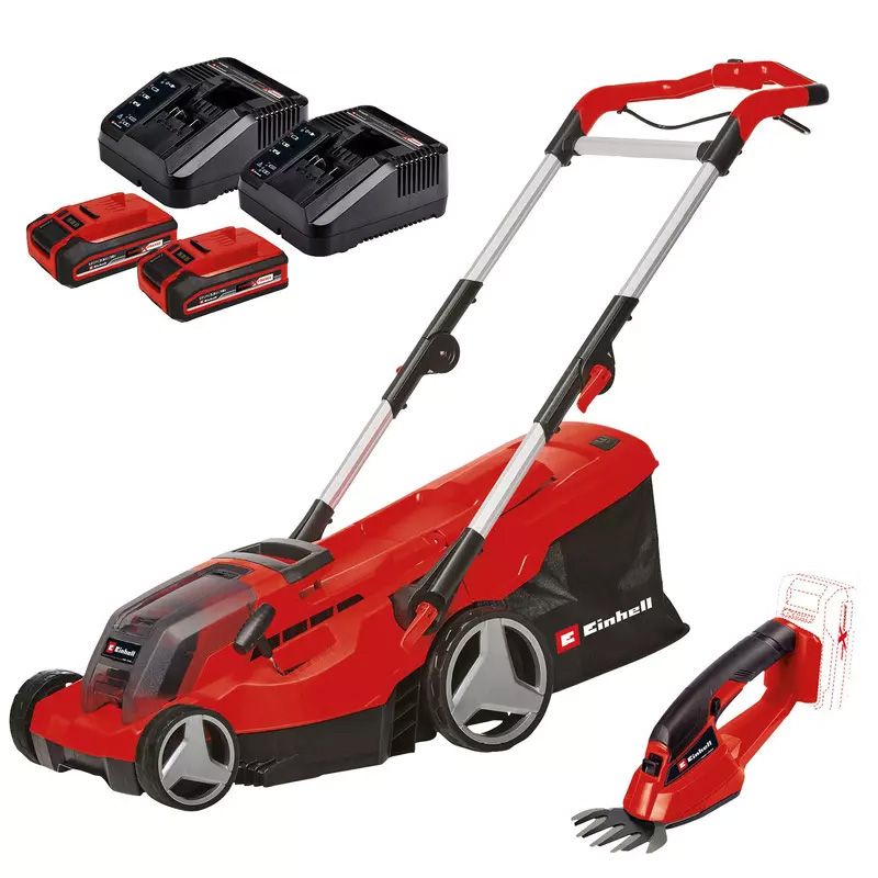 EINHELL GE-CM 36/37 Li Set akkumulátoros fűnyíró (2 x 3.0 Ah Li-ion akkuval, GE-CG 18/1 Li-Solo akkus fűnyíró ollóval) termék fő termékképe